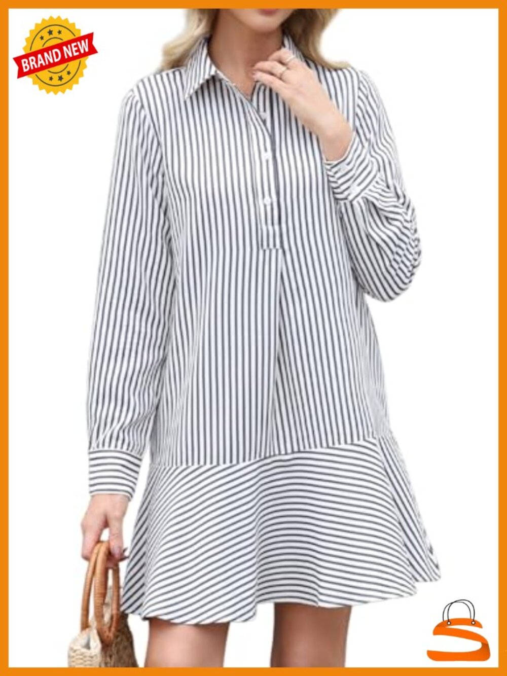 Women's Striped Long Sleeve Mini Shirt Dress Ruffle Hem Button Up Tunic Swing